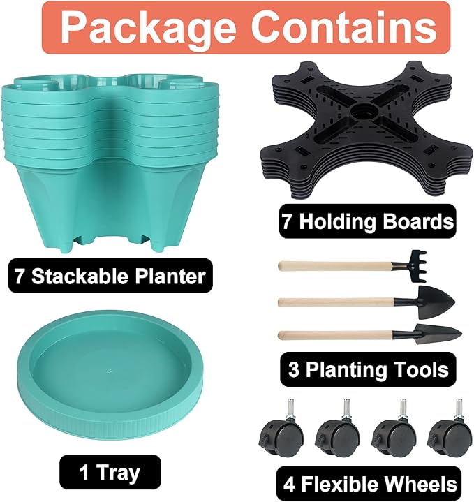 GameXcel Vertical Planter 7 Tier Stackable Planters Garden Planters Strawberry Herb Flower and Vegetable Planter Indoor Outdoor Gardening Pots with Removable Wheels and Tools-Teal 2 Pack GameXcel