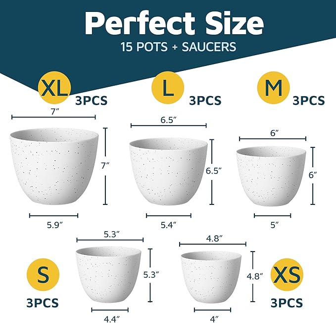 White Gray Plant Pots with Drainage Holes & Saucers 15 Pack, Indoor & Outdoor Stackable Space-Saving Planters for Houseplants & Flowers, (7", 6.7", 6", 5.3", and 4.8" Inches), Durable & Weatherproof LIFEMASTER