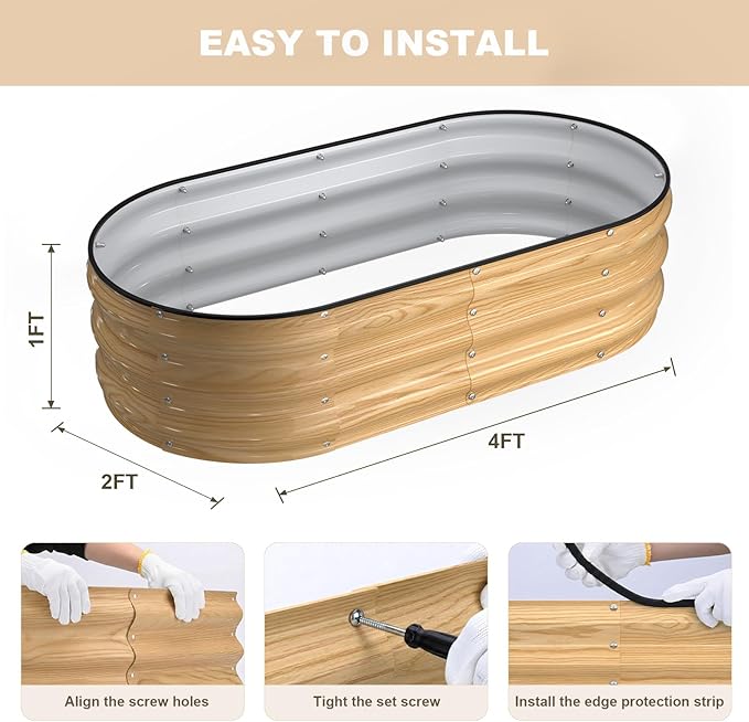 4x2x1FT Galvanized Raised Garden Beds,Raised Garden Bed with Safety Edging and Gloves,Oval Metal Planter Box for Gardening Vegetables Flowers Herb-Natural Oak Patiobay