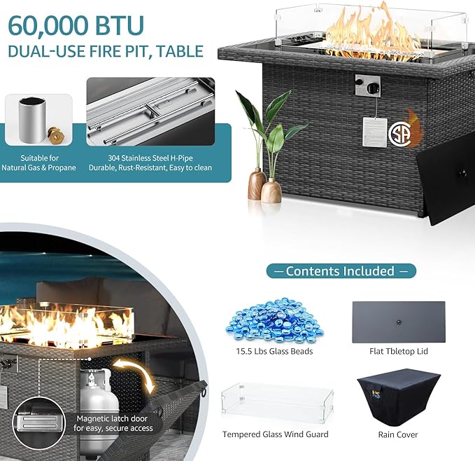NICESOUL 13-Piece Patio Furniture Set with Fire Pit, High-End Big Group Outdoor Patio Set with Fire Pit & Chaise Lounge, Wicker 29.3'' High Back Sofa Deep Sitting, Grey & Turquoise NICESOUL