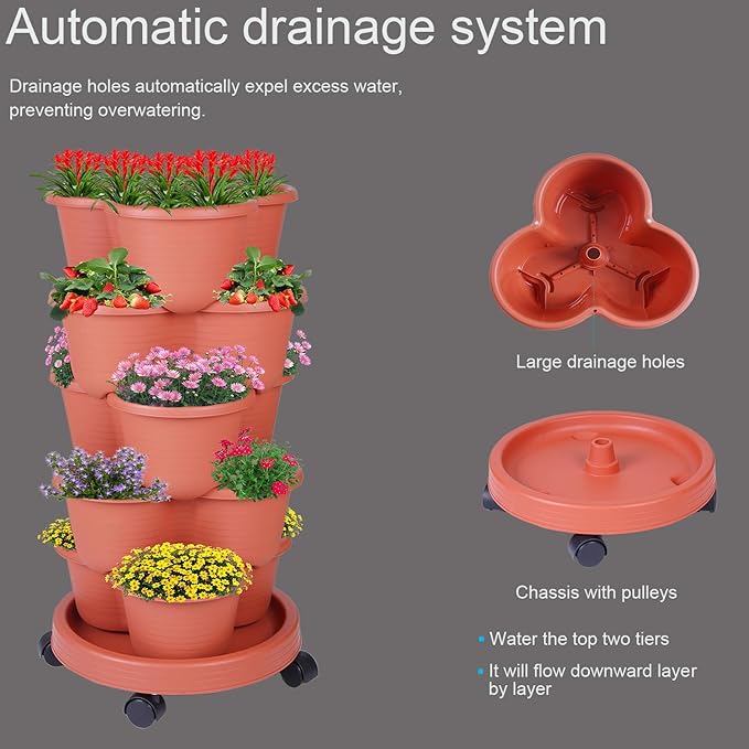 5-Tier Vertical Garden Tower Stackable Planter for Strawberries, Flowers, Vegetables & Herbs 2-Pack Pinky+Family