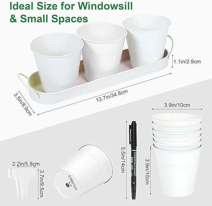 Herb Garden Planter Indoor Kit – 6 Metal Pots with 2 Trays for Windowsill & Kitchen Counter – Modern Decorative Indoor Planters for Herbs, Succulents & Small Plants, White Wacloud