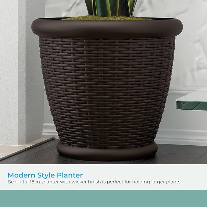 Suncast 18" Resin Indoor/Outdoor Wicker Planter, Brown, Made in the USA Suncast