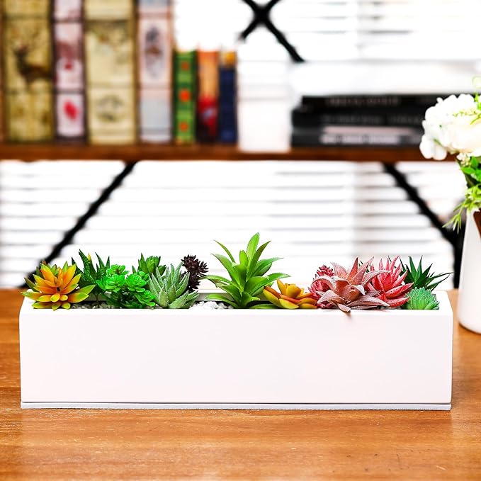16.1 x 3.2 x 3.5 Inch Long Rectangular Planter Box Window Sill Plant Box Metal Water Trough Indoor Large Modern Steel with Drainage Holes Herb Garden Home(White) FillTouch