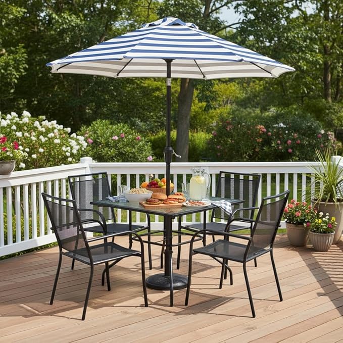 Tangkula 35 Inch Patio Dining Table with Tempered Glass Top, Square 4-Person Outdoor Bistro Table with 1.5" Umbrella Hole & Sturdy Metal Frame, Patio Dining Table for Backyard, Lawn, Deck & Poolside TANGKULA