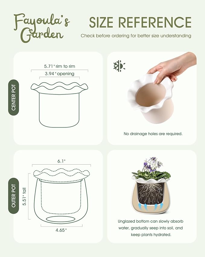 Self Watering Plant Pot, 6 Inch African Violet Pots Maintenance, Ceramic Self-Watering Planter for Indoor Plants - Ideal Flower Pot for Thriving Indoor Gardens, White FayoulasGarden