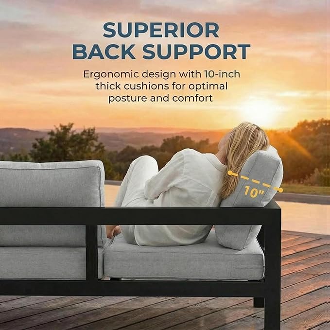 Solaste Aluminum Patio Furniture Set for All Weather, Oversized Metal Outdoor Furniture Set with 27.5" Deep Seating and 3.2" Wide Armrest, Patio Conversation Set with 10’’ Back Cushion, Black and Grey Solaste