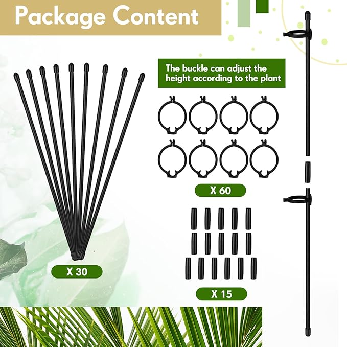 meekoo 30 Pcs Adjustable Garden Plant Support Stakes Single Stem Plant Cage Support Rings with Clips and Connect Pipe for Orchid Rose Tomato, 12 Inch (Black) meekoo