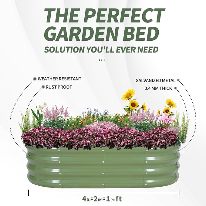 1MORE Galvanized Raised Garden Bed- Planter Garden Boxes Outdoor, Raised Beds for Gardening, 4x2x1ft Metal Garden Bed Kit for Vegetables Flower, Planter Raised Beds with Tools.Green 1MORE