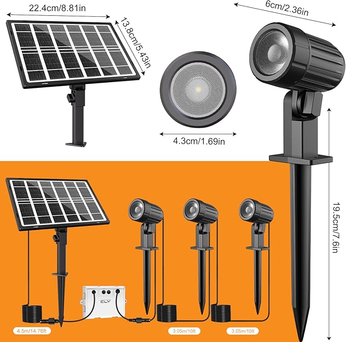 CLY Solar Landscape Spotlights, Solar Lights Outdoor IP66 Waterproof, Remote Control 2 Dynamic Modes 3 Brightness Adjustable 2700-6500K Auto On/Off 11M Cable for Garden Pathway Trees Flag 3 in 1 CLY