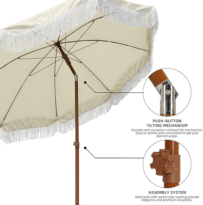 AMMSUN 7ft Patio Umbrella with Fringe Outdoor Tassel Umbrella UPF50+ Premium Steel Pole and Ribs Push Button Tilt, Light Beige AMMSUN