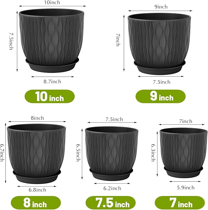 Plastic Plant Pots 10/9/8/7.5/7 inch Set of 5, Flower Planters with Drainage Holes and Saucers, Plastic Pots for Indoor Outdoor Plants, Livingroom Garden Decor (Black) LesOasis