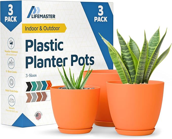 Yellow Plant Pots with Drainage Holes & Saucers 3 Pack, Indoor & Outdoor Stackable Space-Saving Planters for Houseplants & Flowers, (7", 6.7", and 6" Inches), Durable & Weatherproof Materials LIFEMASTER