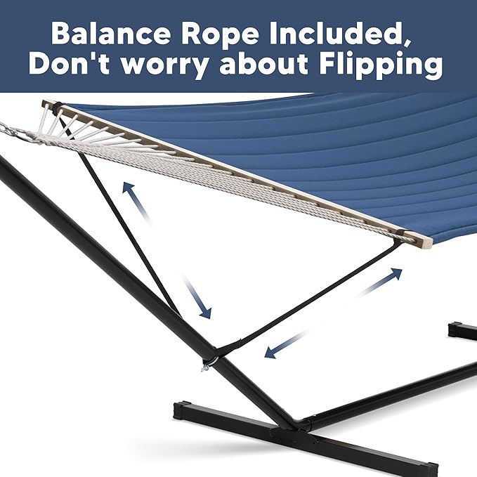 SUNCREAT 2 Person Free Standing Hammock with 15 ft Stand, 475 lbs Capacity, Backyard Hammock with Stand, Navy SUNCREAT