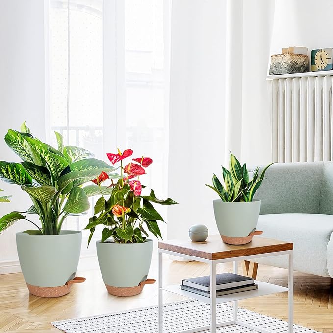 Planters for Indoor Plants, 8/7/6.5/6/5.5/5 Inch Self Watering Planters with Drainage Hole, Plastic Planters Flower Pots for Indoor Outdoor Plants (Green) Vanslogreen