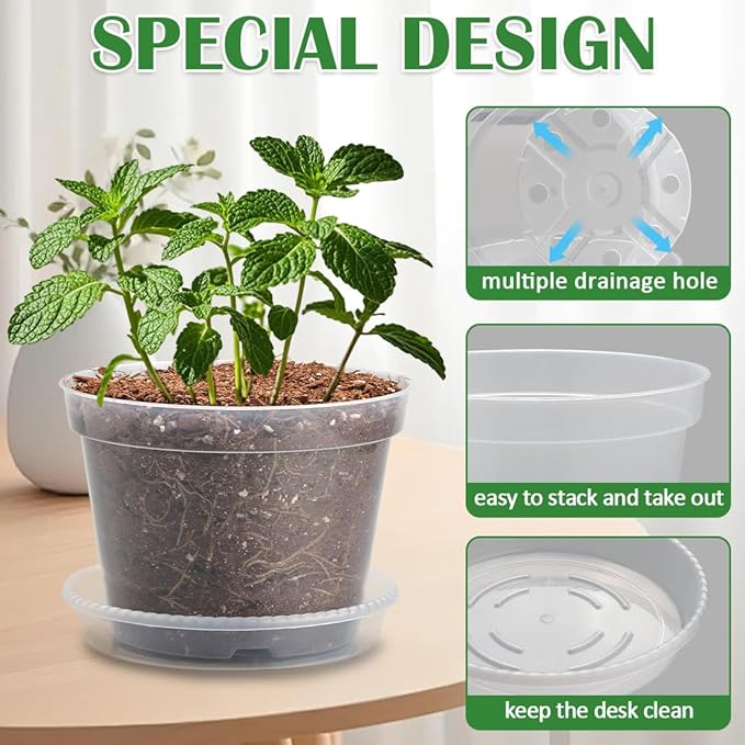 7 Pack 8 Inch Clear Nursery Pots with Saucer, Transparent Plastic Plant Pot with Drainage Holes, Sturdy Plant Starter Pots, Planter Pot for Planting Succulent Flower Herb Vegetable, Gardening Gifts BTPLASTIK