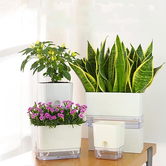FAMZ Self Watering Planters 4 Pack，Self Watering Pots for Indoor Plants，Automatic Moisturizing，Transparent Square Flower Pot for Indoor and Outdoor Plants，Succulents，Violets，Ivy FAMZ