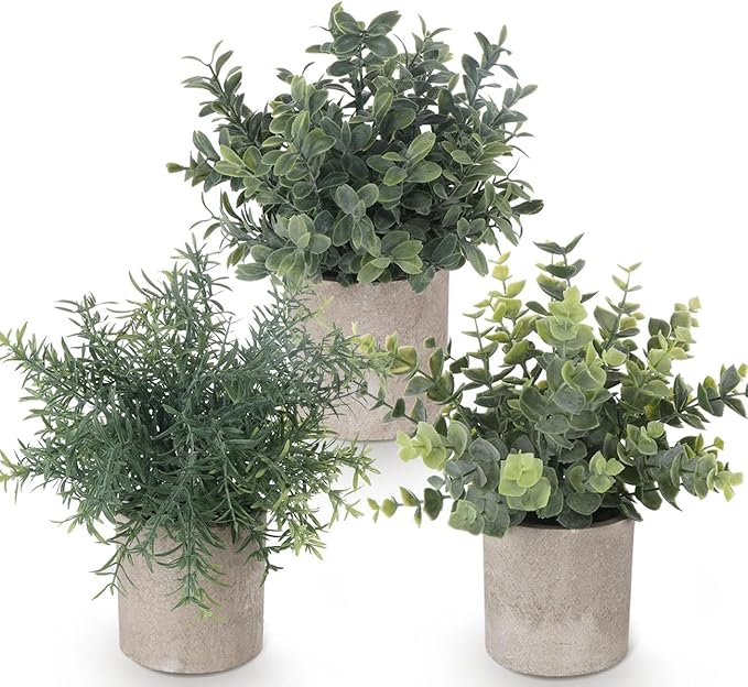 Lemonfilter Small Fake Plants, 3PCS Mini Potted Artificial Plastic Eucalyptus Plants Indoor Modern Farmhouse Decor, Fake Potted Plant for Home Bathroom Bedroom Office Shelves Decor Lemonfilter