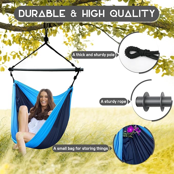 Hammock Chair, Portable Outdoor Hanging Rope Swing, Max 500 Lbs, Collapsible and Lightweight Nylon Parachute Hammocks Chair for Indoor, Backpacking, Travel, Backyard, Patio, Hiking (Navy,Blue) Konosnd