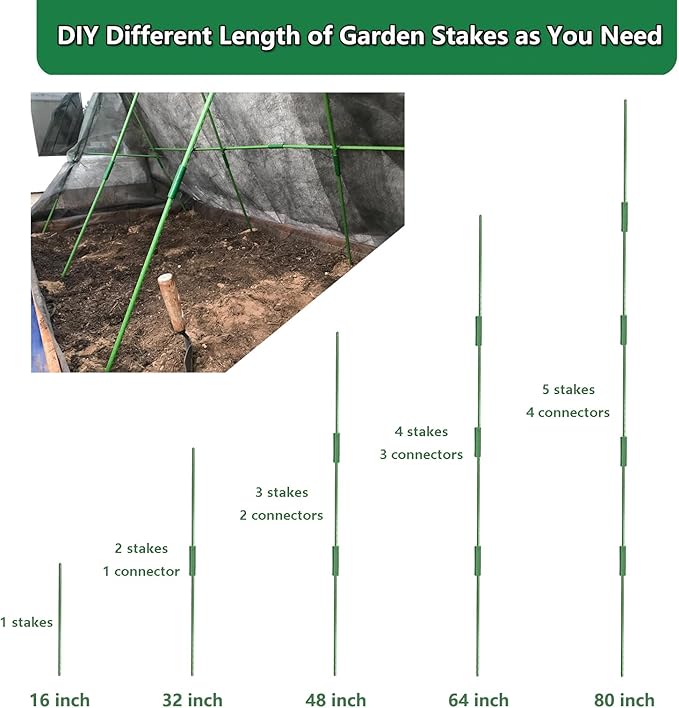 Garden Stakes Kit, 20 Sets 16 inch 0.43" in Diameter Steel Plant Stick Support (with Accessories Total 46 pcs), DIY 3ft 4ft 5ft 6ft 7ft Sturdy Tomato Stakes for Indoor & Outdoor Gardening Supplies Rootora