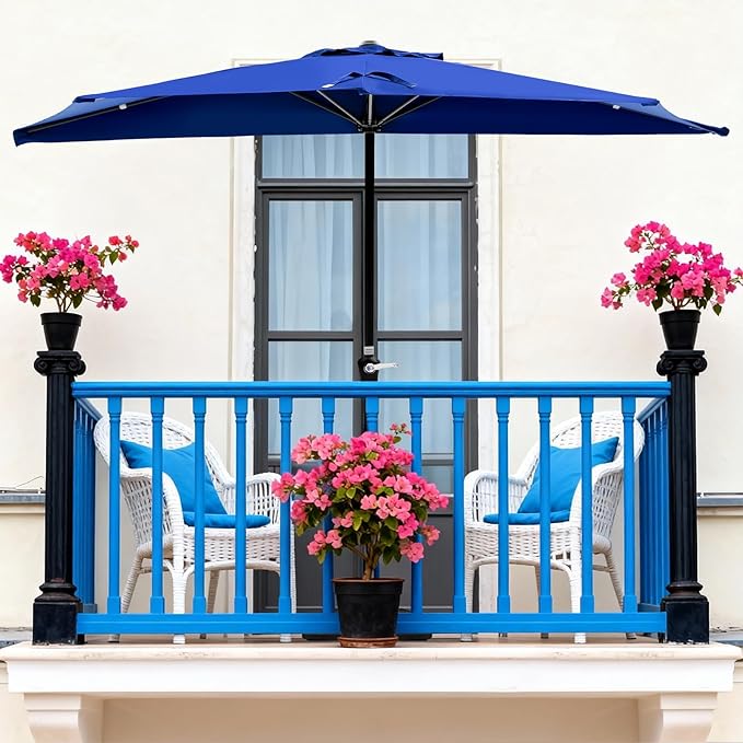 OLIXIS Half 9Ft Umbrella Outdoor Patio, Scalloped Patio Umbrella with Easy Crank, Sun Half Patio Umbrella for Balcony, Market, Garden, Blue OLIXIS