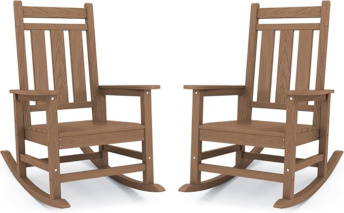 KINGYES Oversized Outdoor Rocking Chair Set of 2, All-Weather Patio Rocking Chairs for Porch, HDPE Outdoor Patio Rockers with High Back & Wide Seat for Garden, Lawn, Brown KINGYES