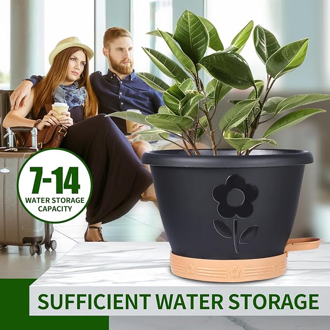 Plant Pots, Flower Pots for Indoor/Outdoor Plants, Self Watering Plastic Planters Pots with Drainage Holes, Saucer & Reservoir, Decorative Nursery Planting Pots(10 Inch Set of 4) (Black) Rootora