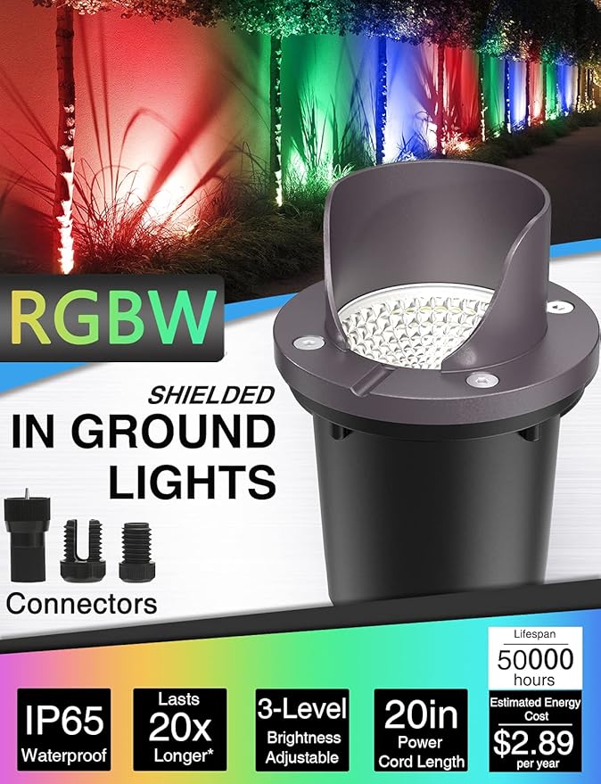 SUNVIE RGBW Low Voltage Landscape Lighting Color Changing 12W Waterproof Well Lights Landscape LED In Ground 12-24V Dimmable Paver Lights with Connectors for Pathway Garden Yard Fence Deck, 8 Pack SUNVIE