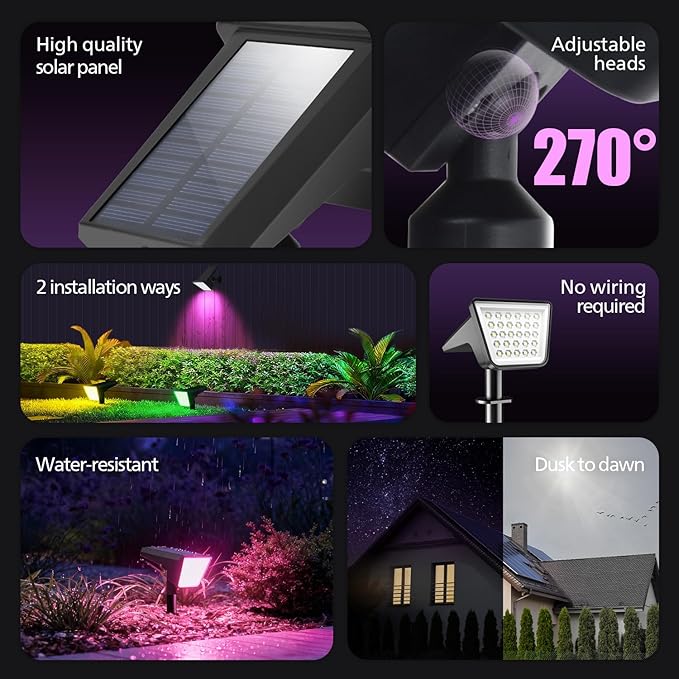 Philips 6 Packs Solar RGBW Spot Lights Outdoor, 18 LED Solar Powered Landscape Lights, 9 Lighting Modes Color-Changing Dusk to Dawn Waterproof Pathway Spotlights for Garden Trees Halloween Christmas PhilipsLightingLED