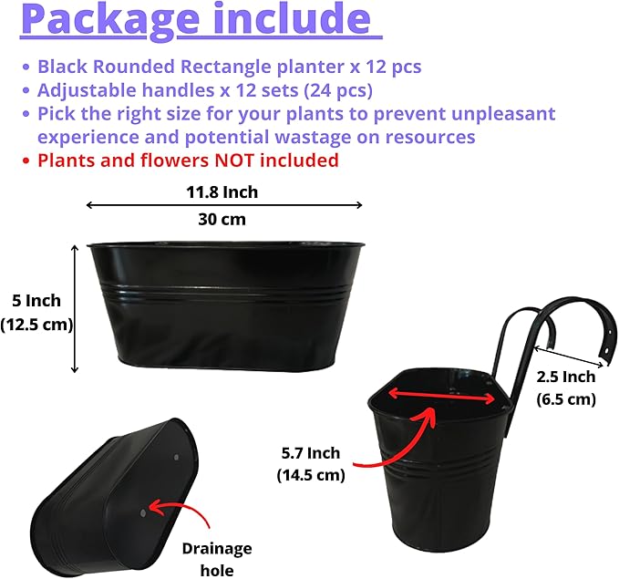 LaLaGreen Rail Planter Outdoor Plants(11.8 Inch, 12 Pack) Black Metal Iron Hanging Flower Pots Deck Railings Fence Buckets Modern Countryside Boho Style Wall Mount Window Box Plant Holder Porch Decor L%C3%A1L%C3%A1Green