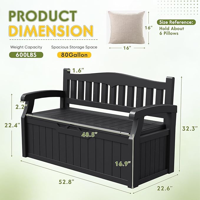 Greesum 80 Gallon Deck Box Storage Bench, Patio Furniture, Lockable, Waterproof and UV Resistant,with Armrest, Suitable for Garden, Porch, Poolside, Dark Black BuynowfromGreesum