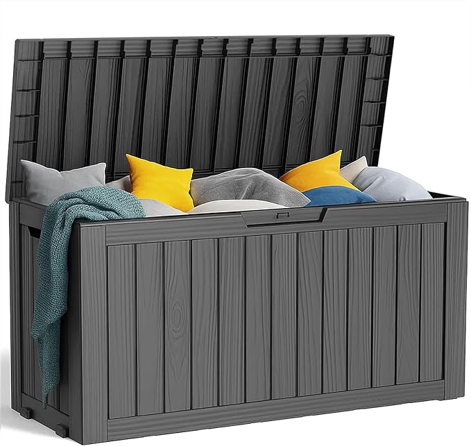 75 Gallon Resin Deck Box, Lockable Patio Outdoor Storage Box for Furniture, Garden Tools and Tools Storage, Waterproof Outside Storage Boxes - Black OutdoorLivingPerfected
