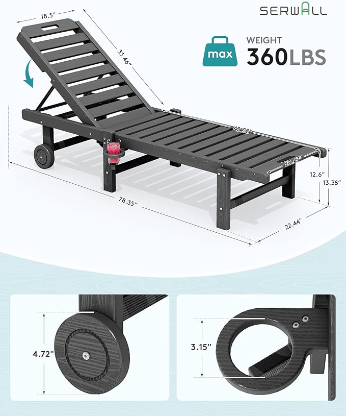 SERWALL Outdoor Chaise Lounge Set of 4, 78" Patio Lounge Chair with 5 Positions Adjustable Backrest, HDPE Lounger with Rolling Wheels & Cup Holder for Poolside, Beach, Garden, Grey SERWALL