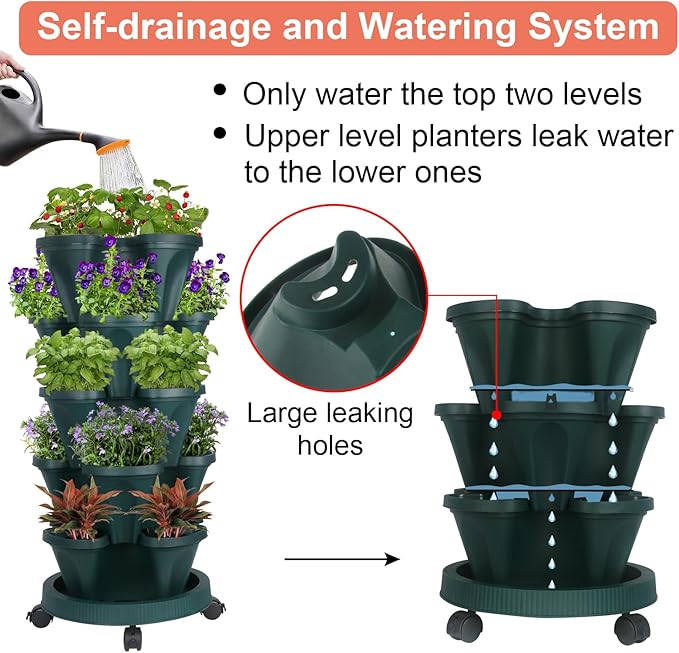 GameXcel Vertical Planter 5 Tier Stackable Planters Garden Planters Strawberry Herb Flower and Vegetable Planter Indoor Outdoor Gardening Pots with Removable Wheels and Tools 2-Pack GameXcel