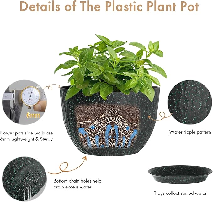 12 Inch Wide Water Ripples Flower Pots for Indoor or Outdoor Plants, Large Plant Pots with Drainage Holes & Saucer, Plastic Planters Set for Garden & Home Decor (Black with Green Speckles) WSMKSZ