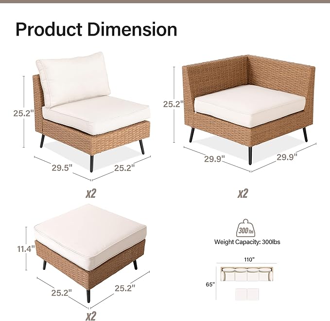 LAUSAINT HOME Outdoor Patio Furniture, 6 Piece Outdoor Sectional Sofa PE Rattan Wicker Patio Conversation Sets, All Weather Patio Furniture Set with Thick Cushions for Garden, Backyard(Beige) LAUSAINTHOME