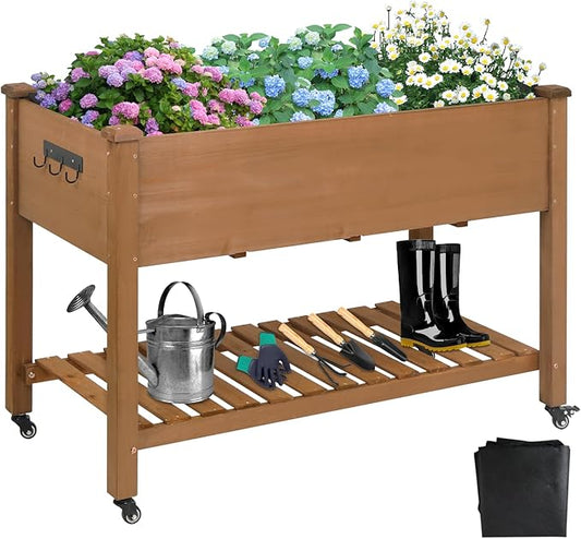 Raised Garden Bed with Legs & Wheels –, Outdoor Elevated Planter Box with Storage Shelf & Hooks for Vegetables, Flowers, and Herbs for Outdoor Gardening, Patio, Balcony,48"x 24"x 33"(Brown) Ketive