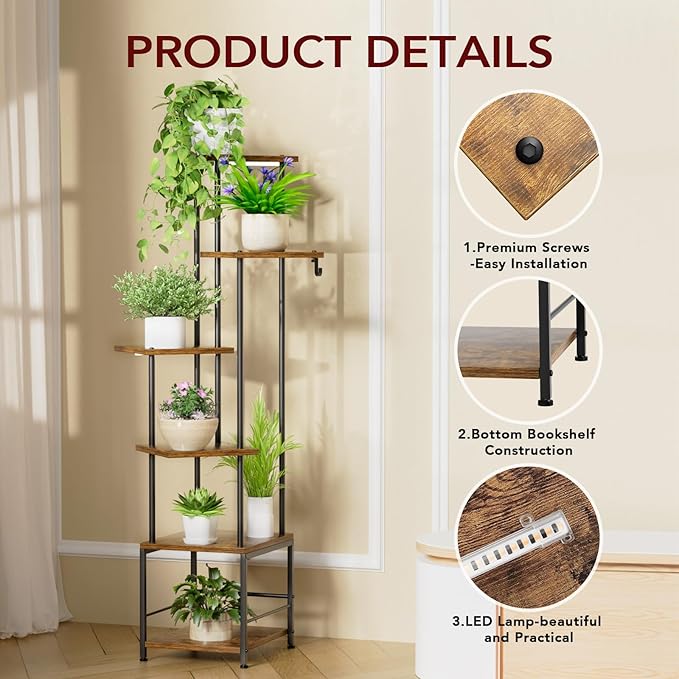 Plant Stand Indoor with Grow Light, 6-Tiered Tall Plant Stand Indoor, Metal Plant Shelf with Hanging Basket Hook and Adjustable Light, Ideal for Living Room, Garden, Patio, （Brown and Black） Homsorout