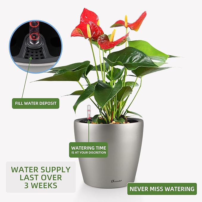 Dexceder 9x8 Inches Self Watering Planter Metallic Matte Indoor Outdoor, Inner Pot Design, Thickened Table Flower Plant Pot with Water Level Indicator (Smoky Gray) Dexceder