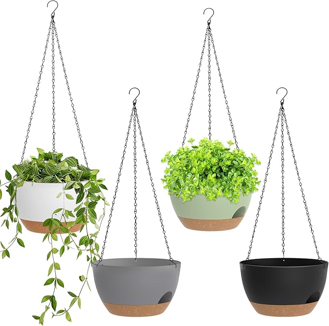 8 Inch Hanging Planters for Indoor Outdoor Plants, 4 Pack Plastic Self Watering Hanging Baskets with Drainage Holes and Chain for Garden Porch SQKH