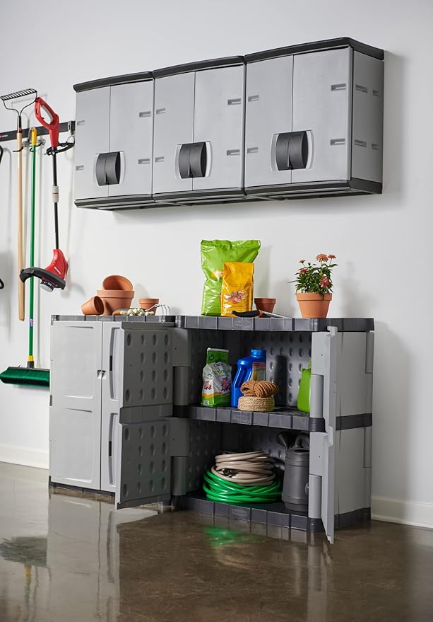 Rubbermaid Freestanding Storage Cabinet with Doors 18"D x 36"W x 37"H Medium Gray/Black Two-Shelf Lockable Cabinet for Indoor/Outdoor/Garage Storage for Garden Tools/Lawn Care Accessories Rubbermaid