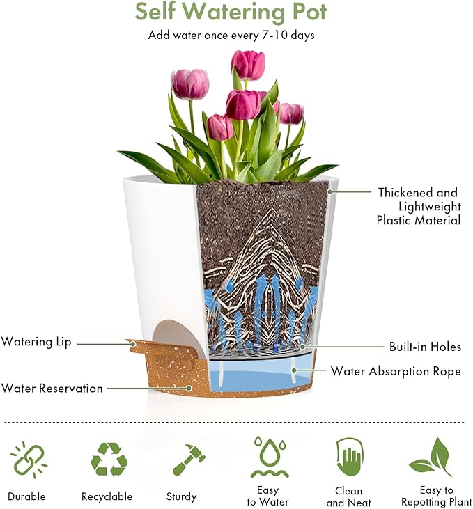7/6.5/6/5.5/5/4 inch Self Watering Pots for Indoor Outdoor Plants, 6 Pack Plastic Flower Planters with Drainage Holes and Removable Saucers, Plant Pots with Wicking Rope, White Brown WSMKSZ