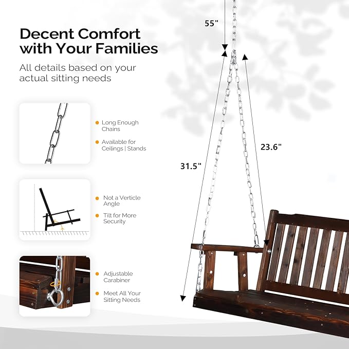 VINGLI Heavy Duty 880 LBS 5 FT Patio Wooden Porch Swing Outdoor with Upgraded Adjustable Chains, Outdoor Hanging Swing Bench for Garden, Yard, Balcony (5 FT, Rustic) VINGLI