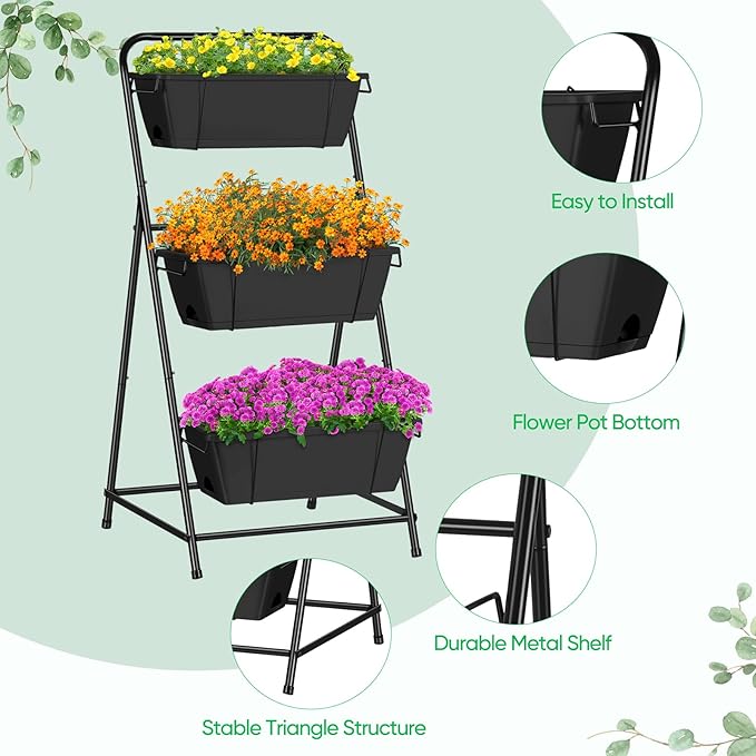 Raised Garden Bed 3 Tier Vertical Garden Planter Elevated Planter Boxes Outdoor Herb Planter with Drainage Holes Removable Tray for Patio Balcony Porch Black BTY