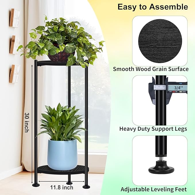 Plant Stand Indoor Outdoor, 30'' Tall Plant Stands for Indoor Plants, Heavy Duty Indoor Plant Shelf, 2 Tier Display Rack for Living Room, Balcony, Deck, Black Lilybud--lily