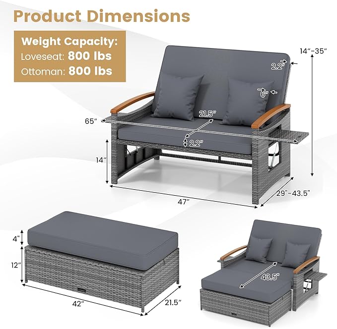 Tangkula Patio Rattan Daybed with 4-Level Adjustable Backrest, Outdoor Wicker Loveseat with Acacia Wood Armrest, Storage Ottoman & Folding Tray, Double Sunbed for Balcony, Backyard & Poolside (Grey) TANGKULA