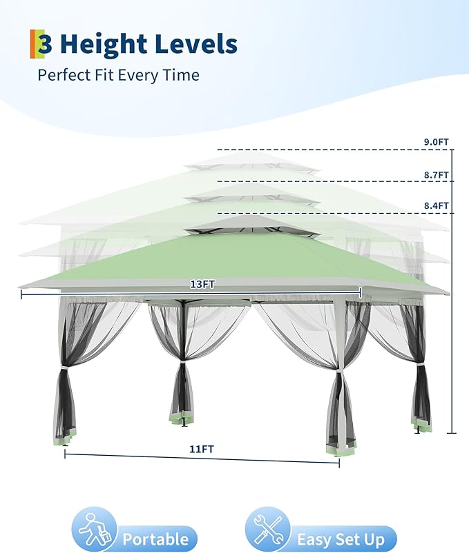 Canopy Tent 13x13 ft, Pop Up Gazebo One-Push Setup with 4 SandBags for Backyard Parties and BBQs, Mosquito Netting & Height Adjustable - Olive Green GarveeLife