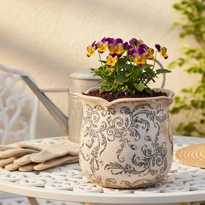 Ceramic Pots for Plants, Vintage Plant Pot with Drainage Hole, 6.11in. Planter for Indoor Plants, Crackle Glaze Finish Flower Pot, Perfect Tuscan Ceramic Planter for Gardening, Gray Swirls XiaanJiaju