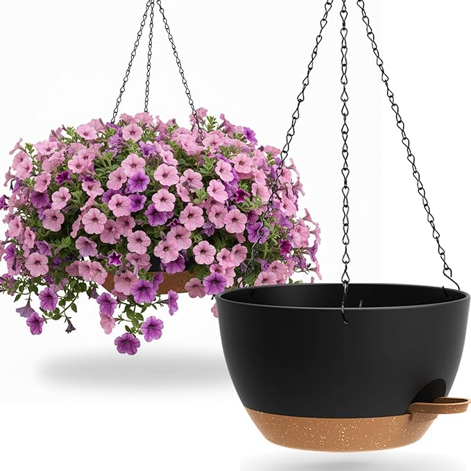 13 Inch 2 Pack Large Self Watering Hanging Planters for Indoor Outdoor Plants, Hanging Plant Pots with Removable 50 Oz Reservoir, Plastic Hanging Basket for Window Porch Garden, Black with Brown UOUZ