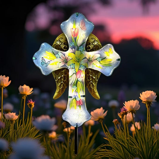 Solar Cross Garden Stake Lights for Outdoor Garden,Cemetery,and Yard Decor,Angel Wings Cross Solar Christmas Lights Outdoor,Memorial Gifts Lily HokfirmHomeDecorGarden